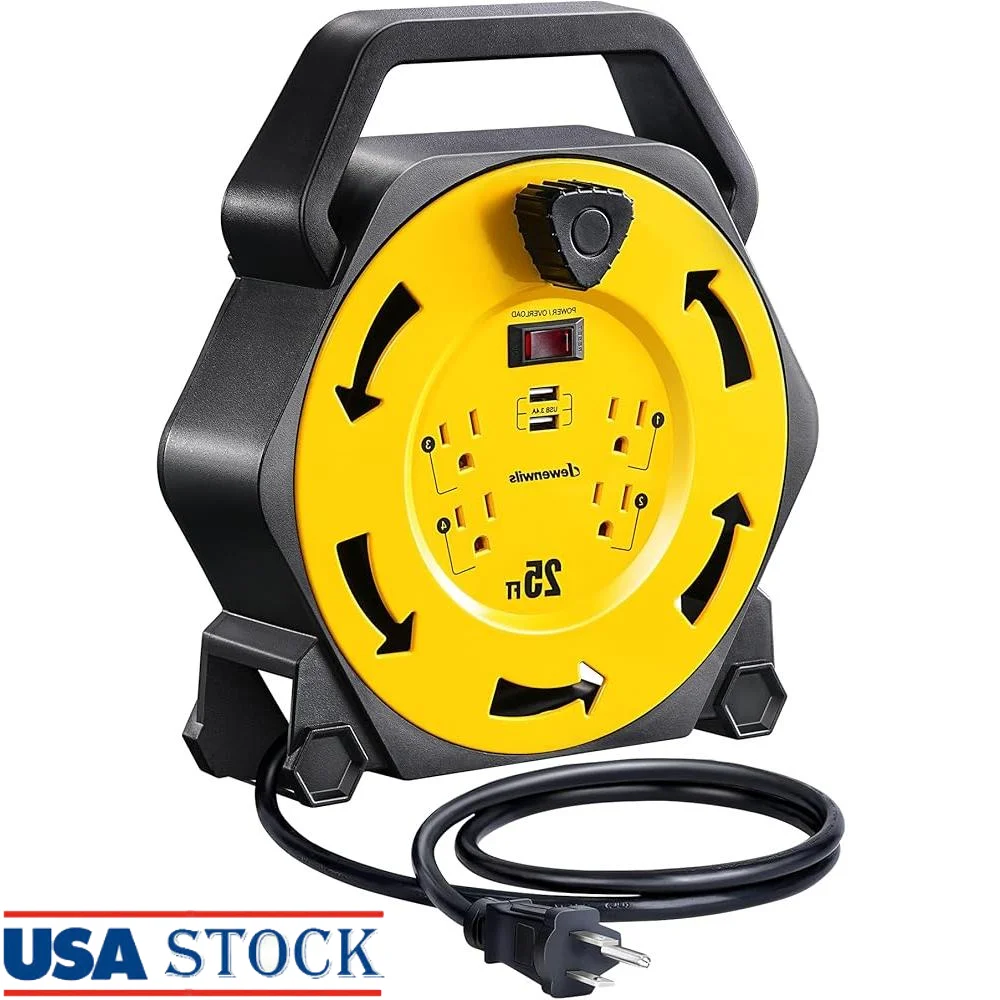 

Retractable Extension Cord Reel 25FT Heavy Duty 16Gauge 4 Outlets 2USB Ports Fast Charge Circuit Breaker Indoor Outdoor Use