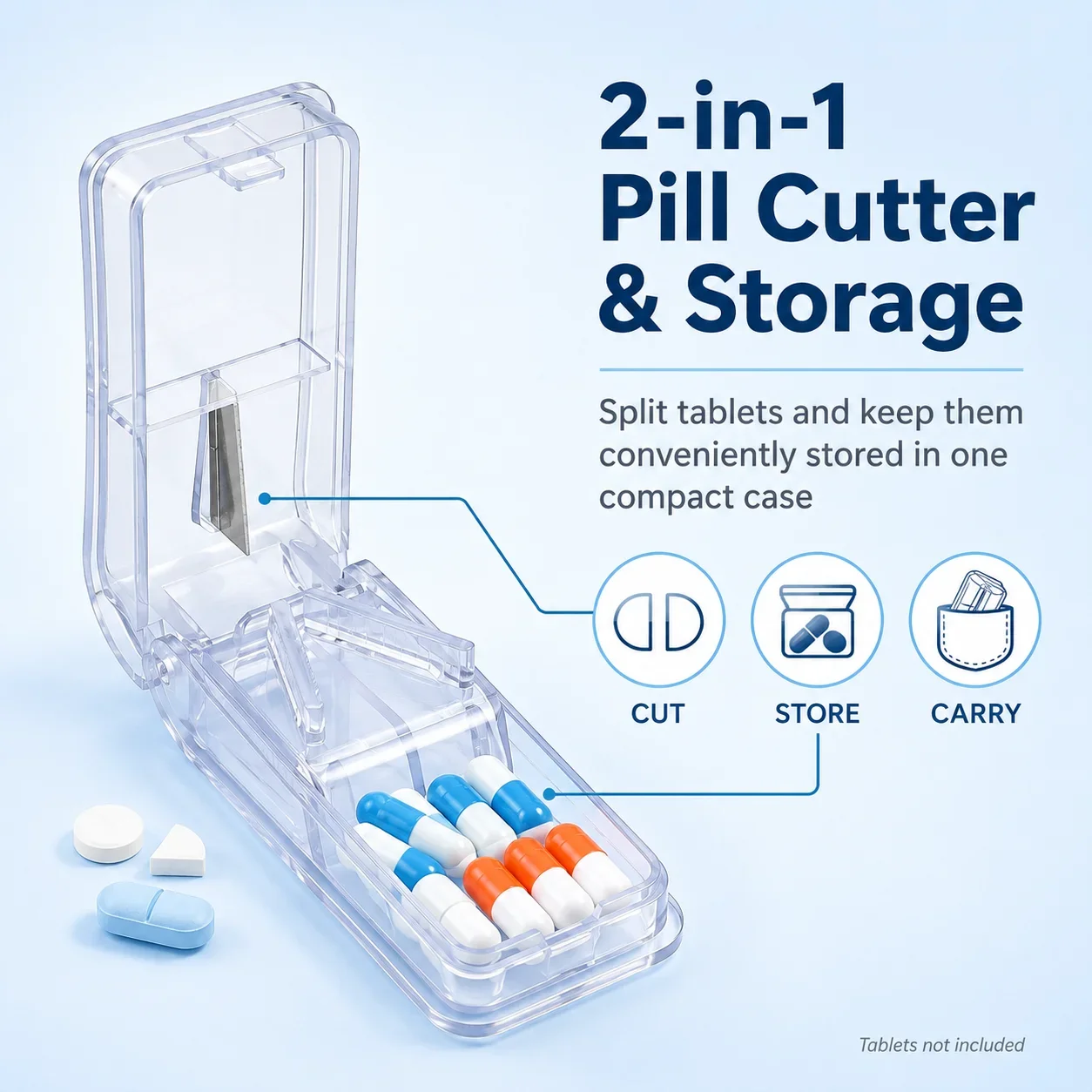 2 In 1 Pill Cutter with Dual Storage Compartments Portable Tablet Splitter Stainless Steel Blade Travel Mini Medicine Pill Box O