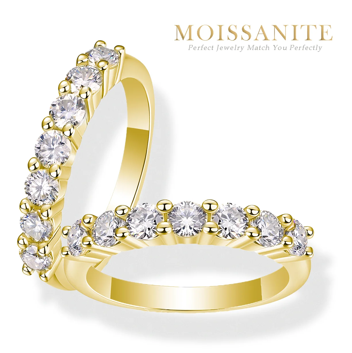 

3mm 0.7cttw 7-Stone Moissanite Band Ring - S925 Sterling Silver Gold-Plated, Elegant Eternity Style with Sparkling Stones