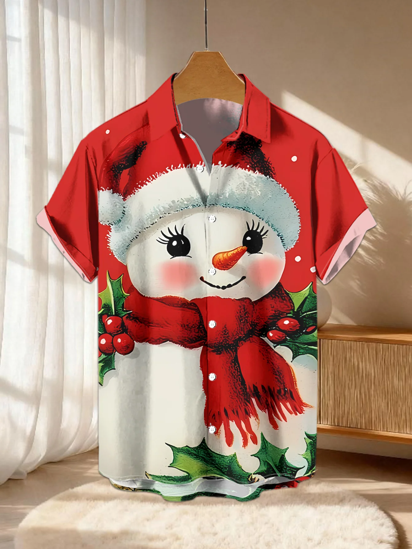 Men Short Sleeve Shirt Christmas Snowman Holly Berry Print Lapel Casual Holiday Party Button Down Tops Men's Clothing