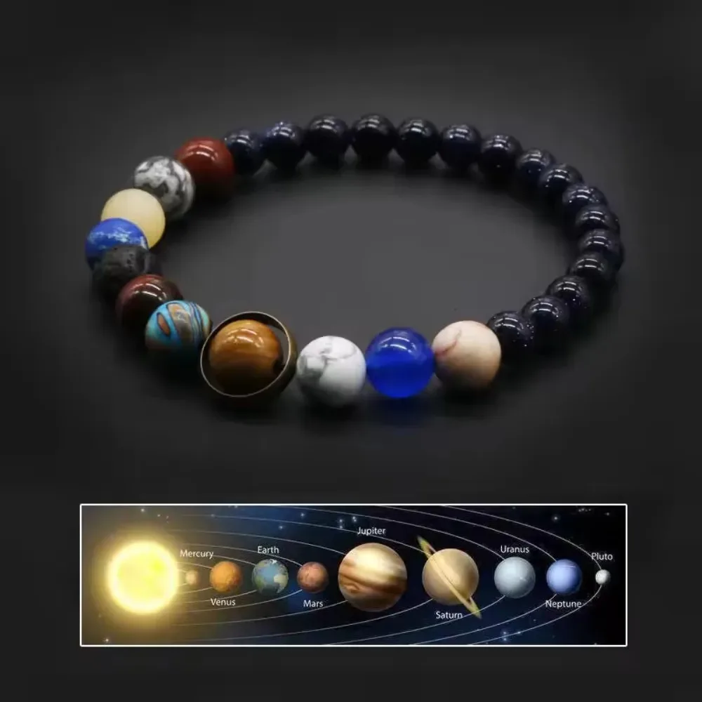 Men Women Solar System Eight Planets Bracelet, Natural Stone Lava Rock 7 Chakra Yoga Energy Galaxy Jewelry