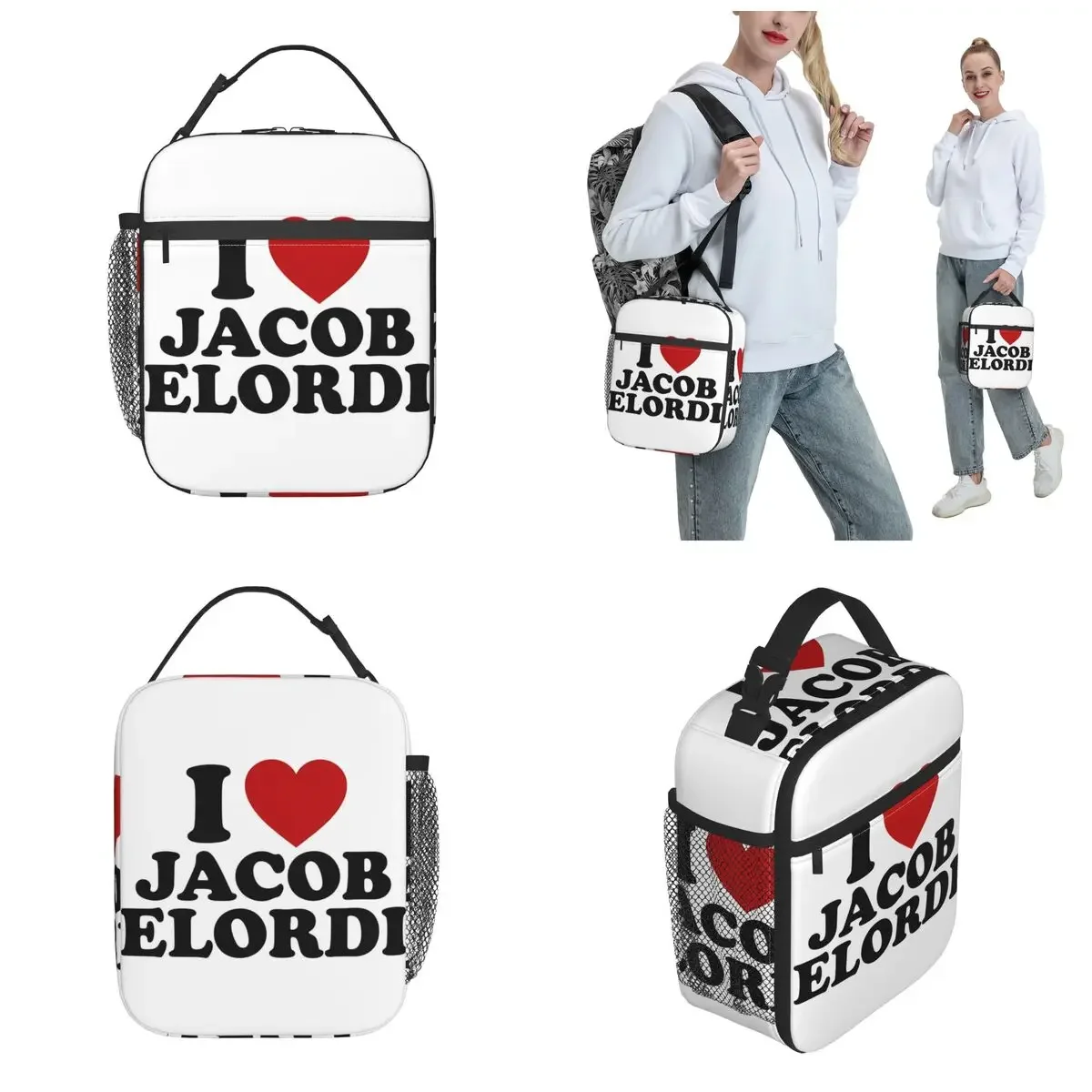 I Love Jacob Elordi Design Thermal Insulated Lunch Bags for Picnic Heart Portable Food Bag Men Women Thermal Cooler Lunch Box