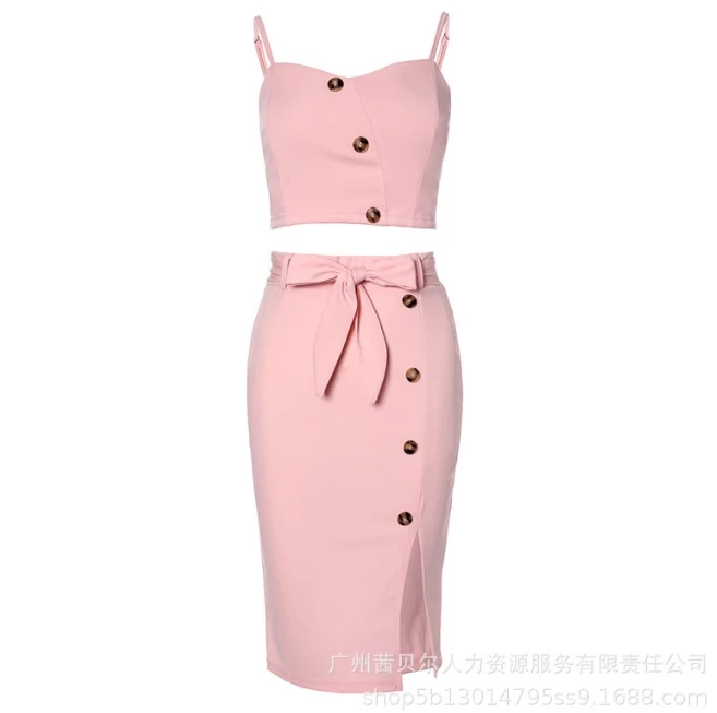 Sexy Elegant Strap Button Decoration Top+Slit Skirt Set New Fashion 2024 Summer Casual Womens Two Piece Sets Outfit