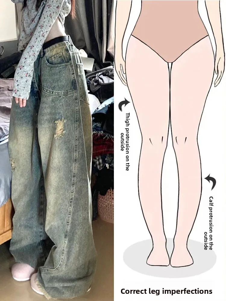 

Washed Distressed Wide Leg Jeans High Waist Torn Ripped Denim Pants Female Pear Shape Body American Retro 3D Tailoring