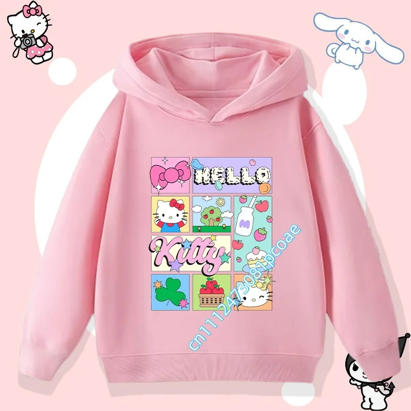 Hello Kitty's new children's hooded sweatshirt for boys, girls' casual top with cartoon print, winter and autumn pullover shirt