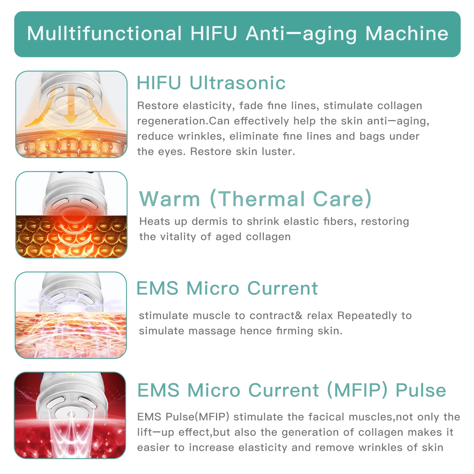 MINI HiFu 4.0 akumulator ultradźwiękowy termiczny LED EMS mikroprądowy pulsujący Lifting twarzy pielęgnacja skóry masaż twarzy urządzenie kosmetyczne