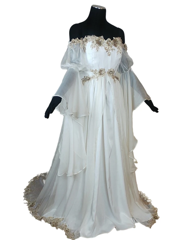 Vestido formal de noiva gótica medieval, Fantasia uma linha branca, espartilho longo, Applique de flores douradas, 2022