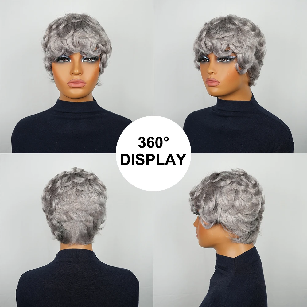 فضي رمادي البيض مجعد الباروكات قصيرة عابث قطع شعر مستعار مع الانفجارات قبل قطعها للنساء الشعر البرازيلي آلة صنع قبعة 100% الشعر البشري