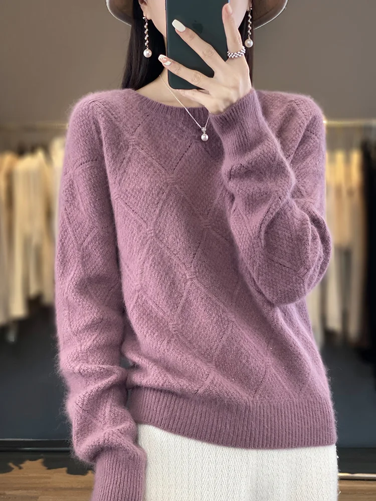 2024 New Women 100% Mink Cashmere  Sweaters Long Sleeve O-Neck Pullovers Autumn Winter Thick Soft Warm Knitwear Female Clothing