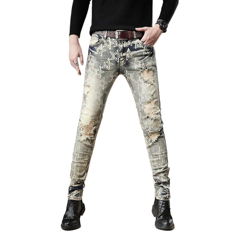 Herenkleding Lente En Herfst Vintage Print Gescheurde Jeans Koreaanse Stretch Skinny Wash Old Heren Broek