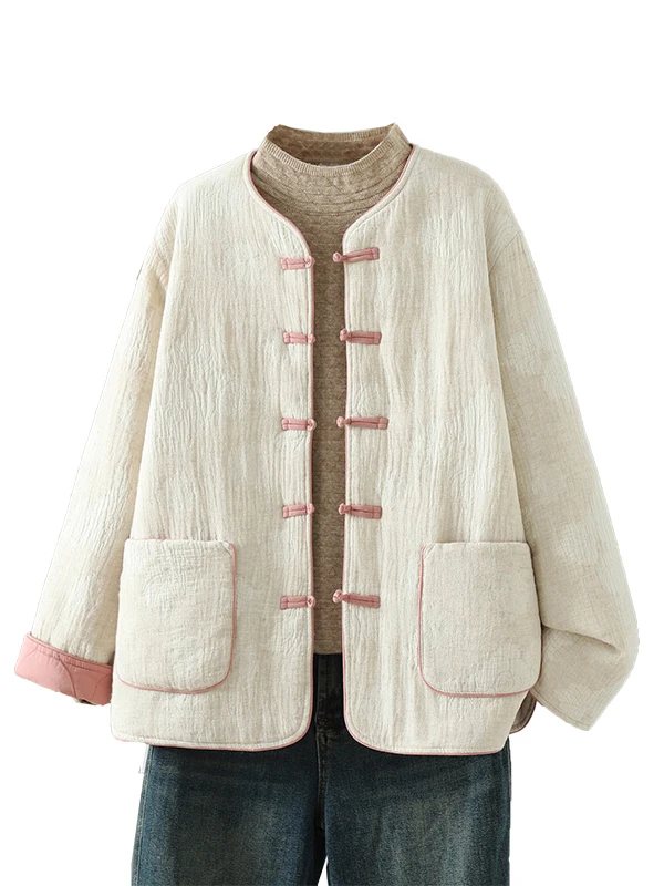 Jaet de algodón con botones bordados artísticos Retro para mujer, ropa de abrigo mixta de lino y algodón para otoño e invierno, disfraz de té