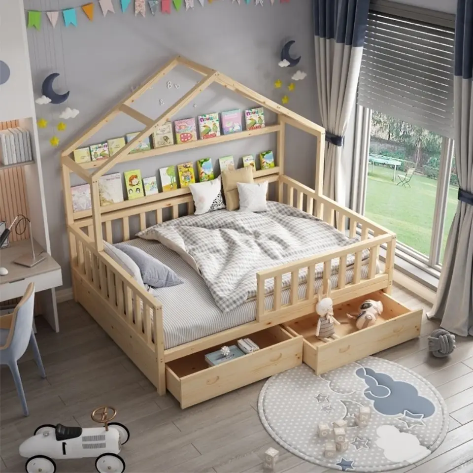 Customize Size Bedroom Kids Wooden Montessori Bed with Storage Drawer Single Children House Solid Pine Wood Toddler Bed