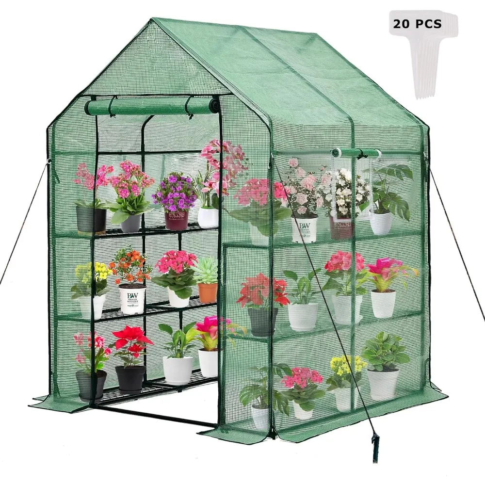 Greenhouse w/ Roll-Up Zipper Door -3 Tiers PE Greenhouse for Outdoor Gardening Plants Cold Frost Protection Wind Rain Proof