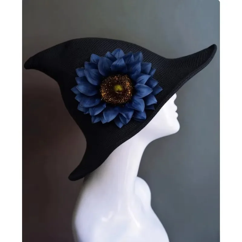 Halloween Witch Hat with Sunflower, Wool Blend, Pointed Wide Brim, Removable Add-Ons, Women Adult One Size Cosplay Party