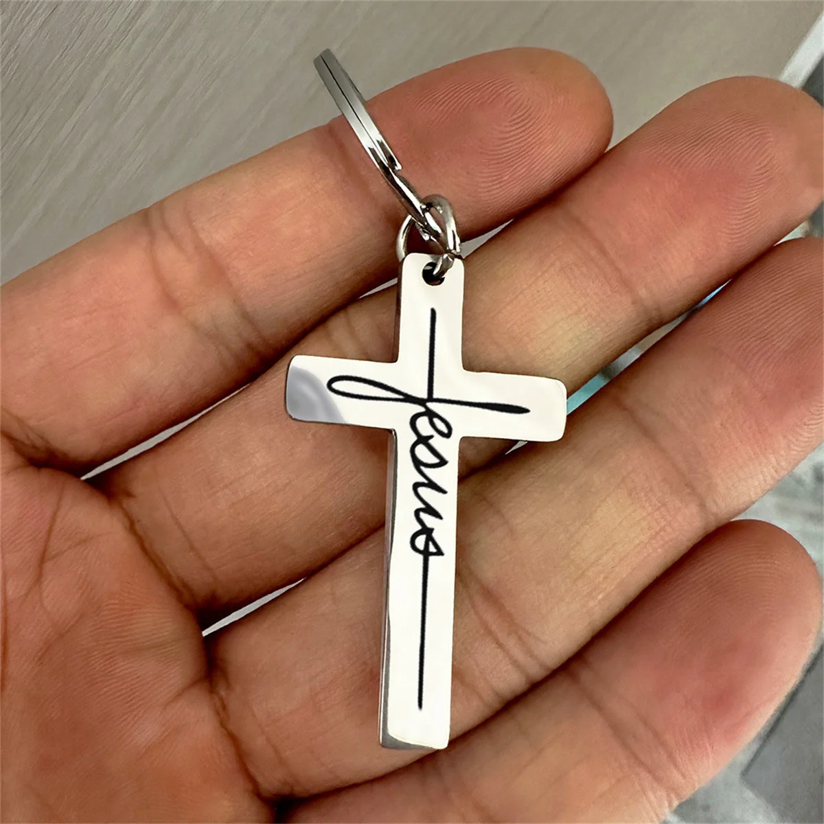 1pc Men's Stainless Steel Keychain, Cross Jesus Pendant Key Chain, Devout Christian Gift