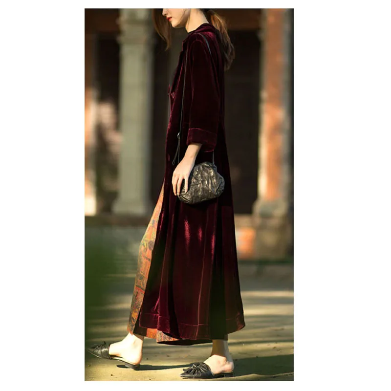 Original Design Real Silk Velvet Spring Autumn Lady Cardigan Dress Temperament Generous Personality Long Skirt Wine Red Noble