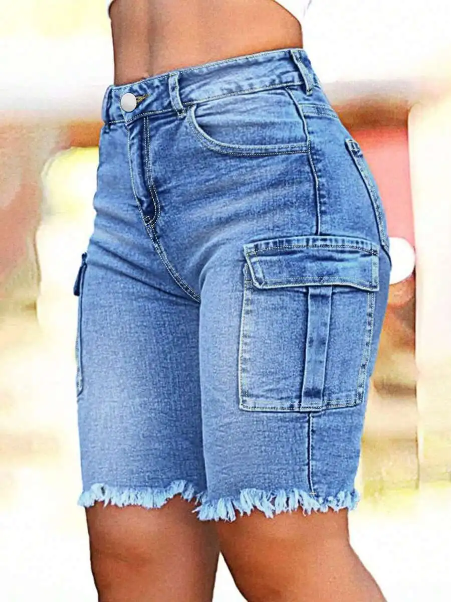 

Women High-Waist Skinny Elastic Denim Shorts With Frayed Edges And Utility Pockets