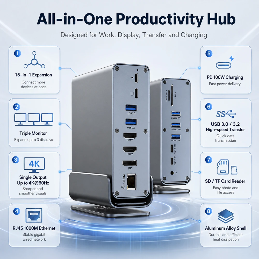 4K Triple Monitor 15‑in‑1 USB‑C Vertical Docking Station 1000M RJ45 SD/TF USB3.0/2.0, 3.5mm Audio Multi‑Port Hub for Mac Pro