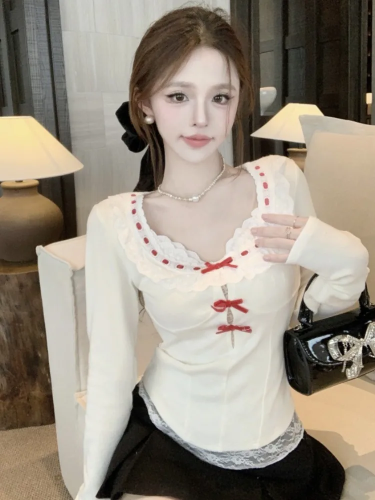 

Elegant Knitted Sweater with Bowtie Collar And Lace Inner Shirt for Women Autumn Winter Fashion Lightweight Breathable Citywalk