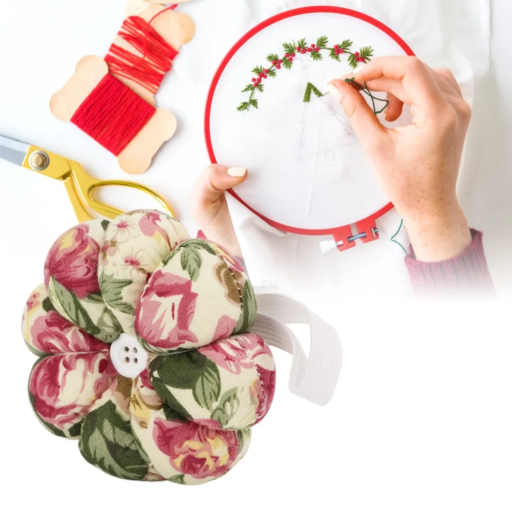 Convenient Elastic Wrist Strap Wrist Pin Cushion Pumpkin Design Hands Free Design Pumpkin Pin Cushion Pins Holder For Sewing