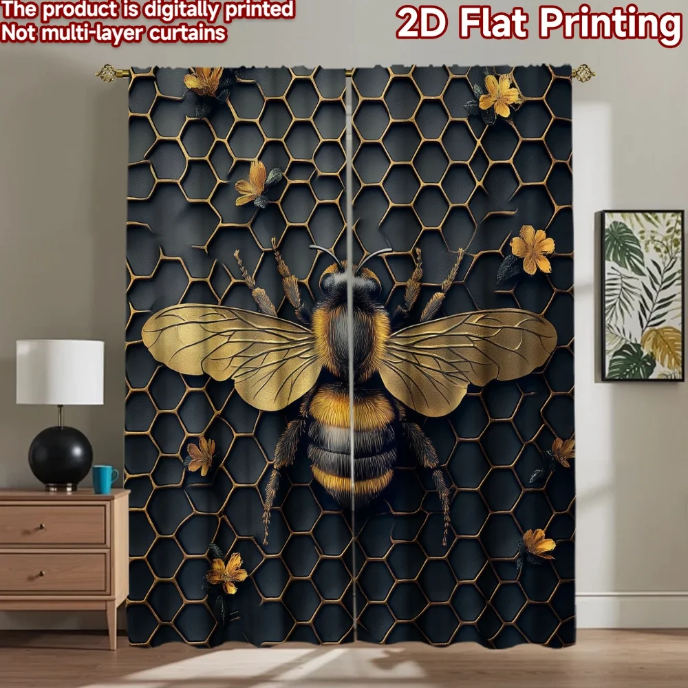 2D flat 2pcs Curtain Retro Country Style Golden Bumblebee Honeycomb Durable polyester fiber Festive Holiday Perfect for Festive