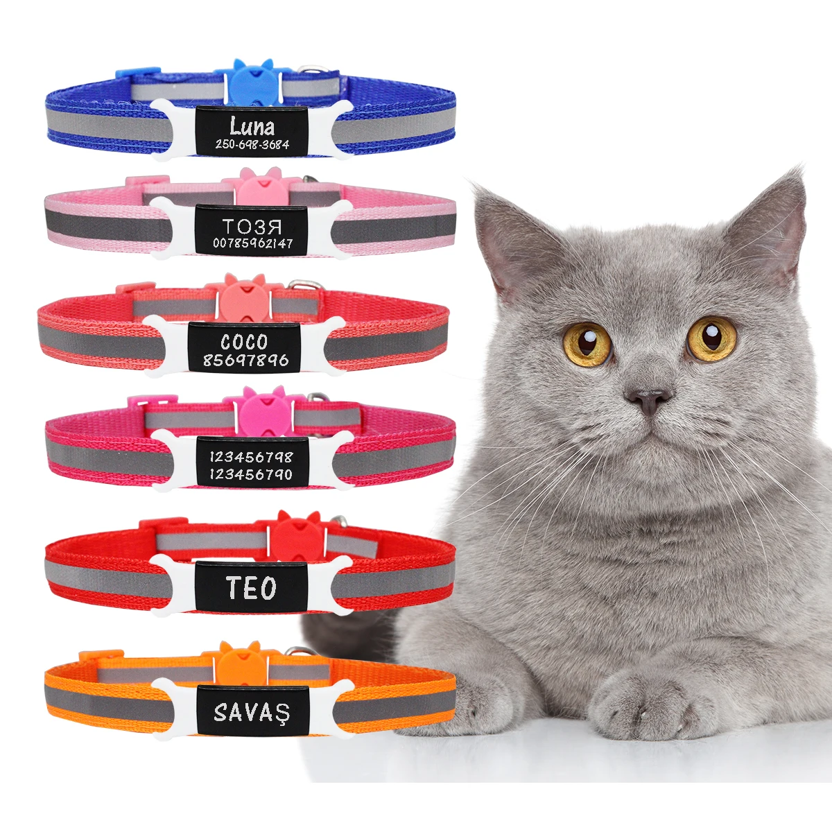 Reflective Cat Safety Buckle Colorful Collar Adjustable Custom ID Name Engraved Necklace Accessories Nameplate Collar