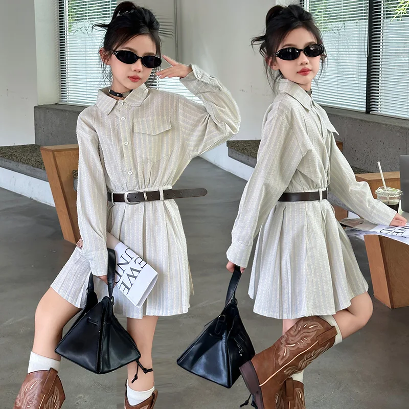 autumn 4 6 8 10 12 14 teenage girls Striped shirt dress+belt 2pcs junior kids casual dresses soft children girls fall clothes