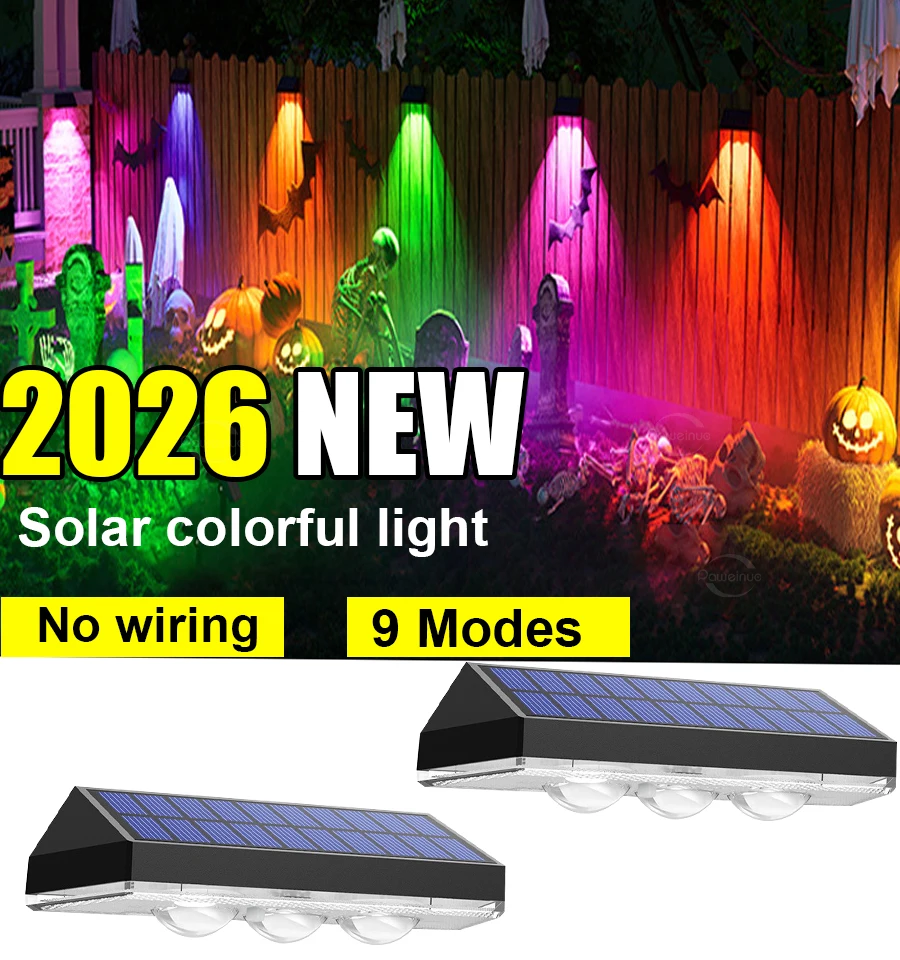 

2026 Солнечные фонари для забора, уличные садовые солнечные настенные светильники, водонепроницаемые RGB яркие лампы на солнечной энергии, лампа для двора, двора