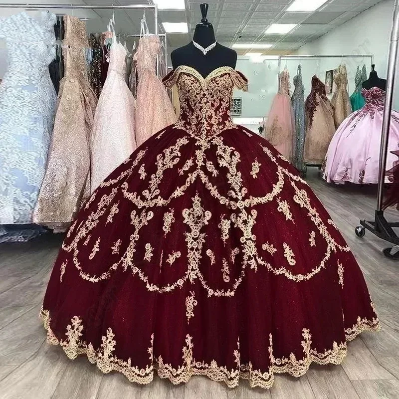 Vestido De quinceañera con apliques, hasta el suelo, hombros descubiertos, corsé De tul, túnicas De Mariee, dulce 16, vestido De graduación, Vesti