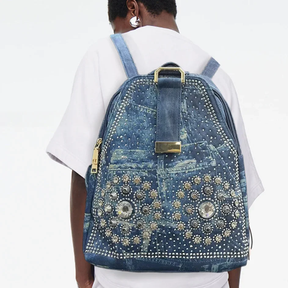 

Ladies' fashionable, elegant and personalized diamond embellished backpack with large capacity splicing shoulder bag