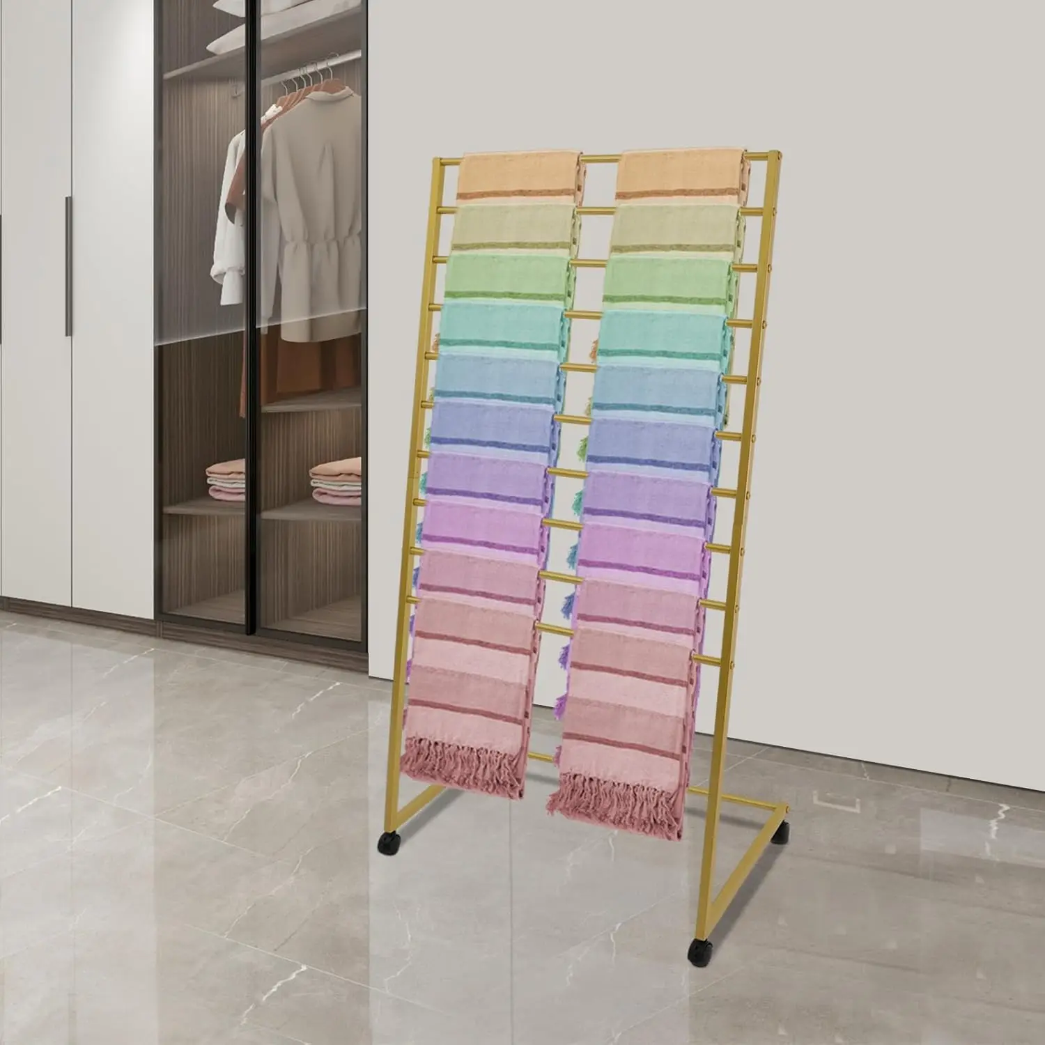 

Стойка для демонстрации шарфов золотого цвета, 10-ярусная металлическая подставка для шарфов на колесиках, для магазина одежды, дома, спальни