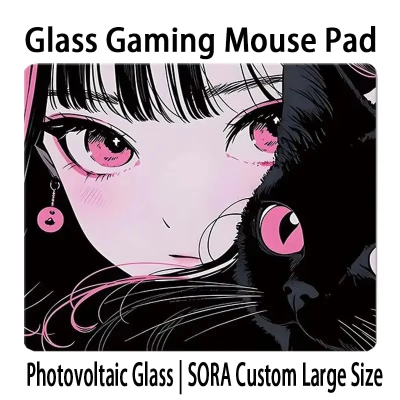 Japanese Anime Girl Black Cat Glass Gaming Mouse Pad Smooth Desk Pad For E-Sports Pad Office Desk Pad PC Custom Pattern Mousepad