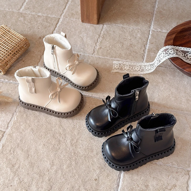 Kid's Shoes Girls' Fashion Side Zip Bow Detail Short Boots Korean Style Thick Bottom Middle Tube Children's Shoes Size 23-35