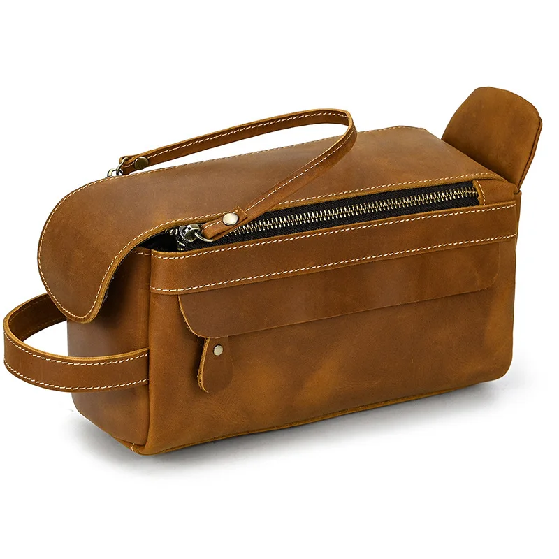 

Genuine Leather Wash Bag for Men's Retro Crazy Horse Skin Makeup Bag for Women's Large Capacity Storage Bag Handbag