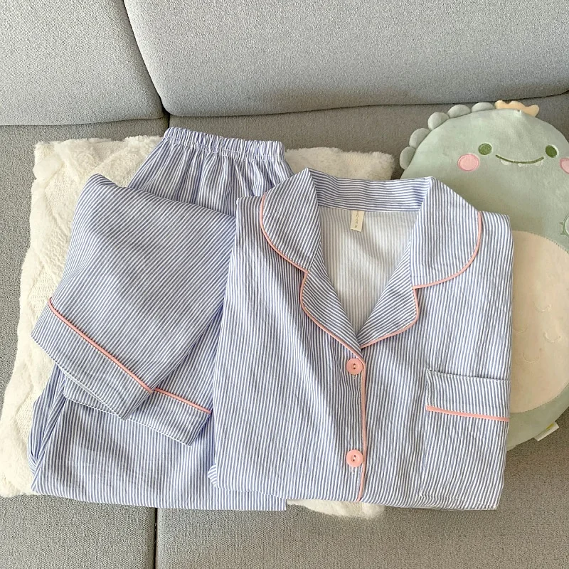 

Striped Korean Style Cloud Cotton Long Sleeve Sleepwear Women's Spring Autumn Home Clothes Set Sweet Cardigan Home Clothes