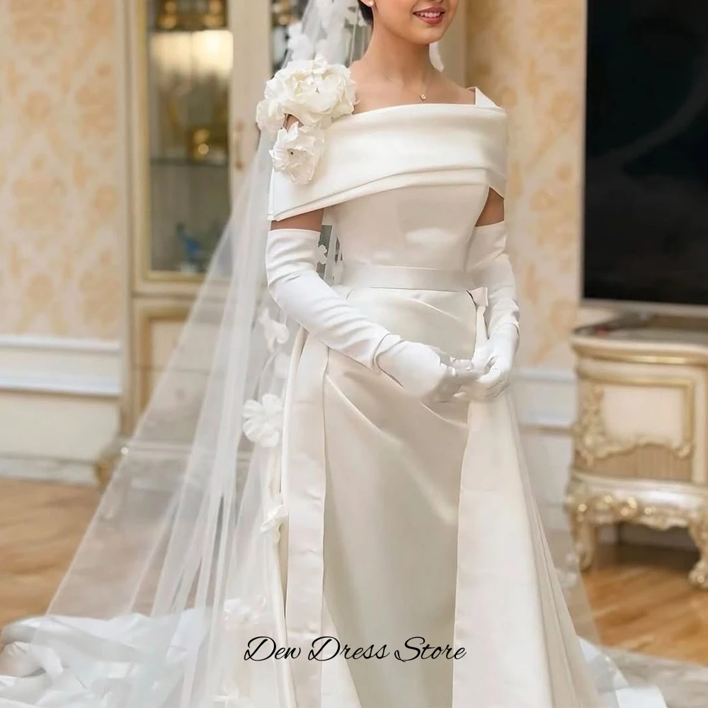 Dromerige 3D-bloemen op maat gemaakte vestido de novia klassieke bruidsjurken met boothals en off-shoulder charmante satijnen trouwjurk