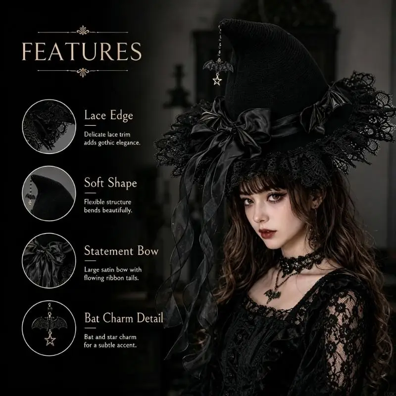 Halloween Witch Hat with Bat Detail for Cosplay and Party Hanging Wizard Hat Y166