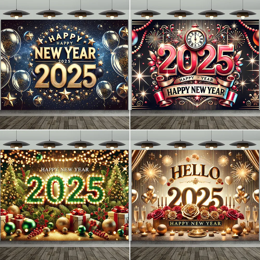 Happy New Year Backdrop Banner Champagne Fireworks Scattered Scene 2025New Year Decorations Family Party Background Photo Studio