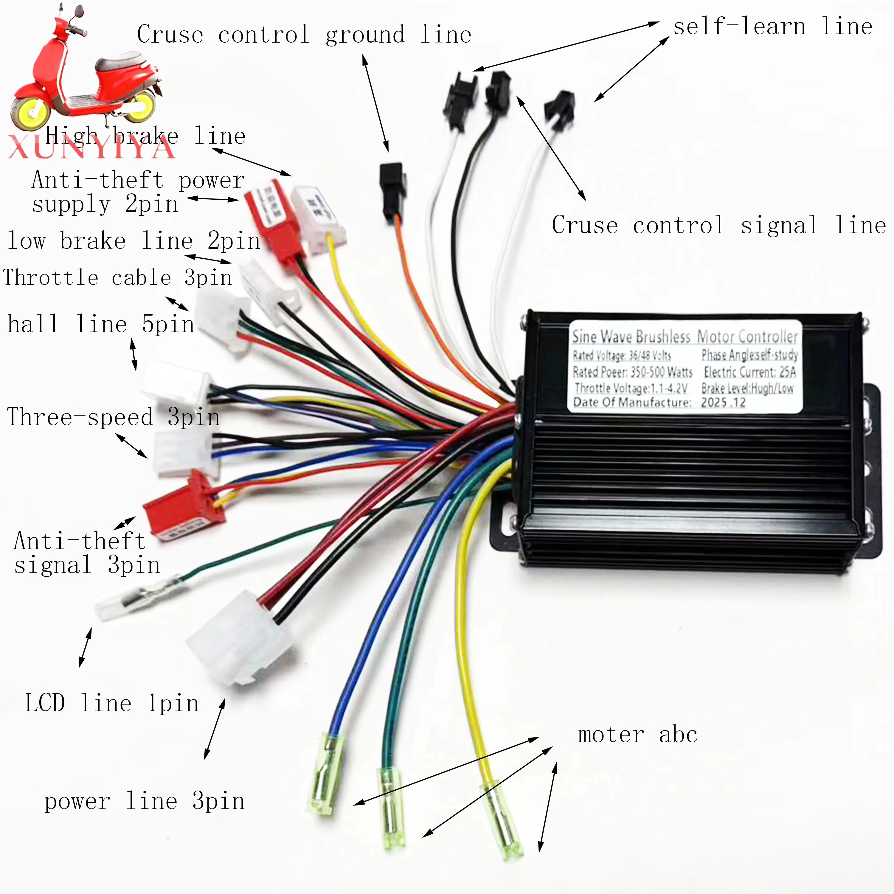 36V/48V 300W 20-25A Sine Wave Brushless Motor Controller, Tri-mode Sine Wave, for EBike Electric Bicycles and Motorcycles.