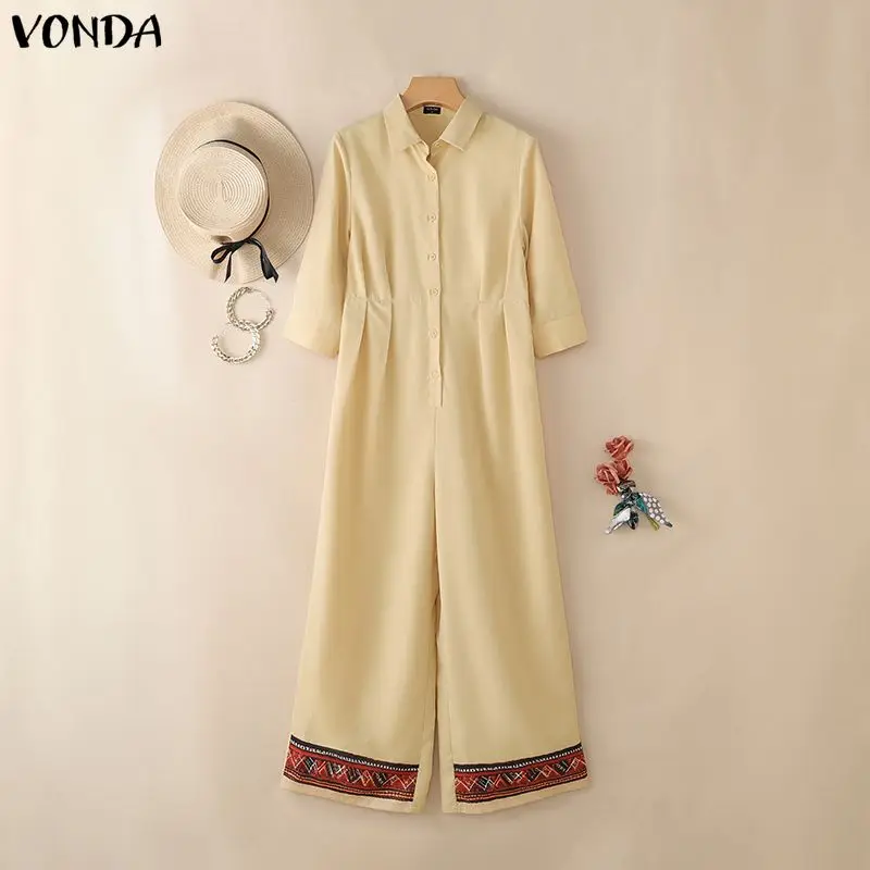 Plus Size Jumpsuits VONDA 2026 Women Long Casual Rompers Elegant Office Lady Overall Patchwork Loose Long Sleeve Playsuits