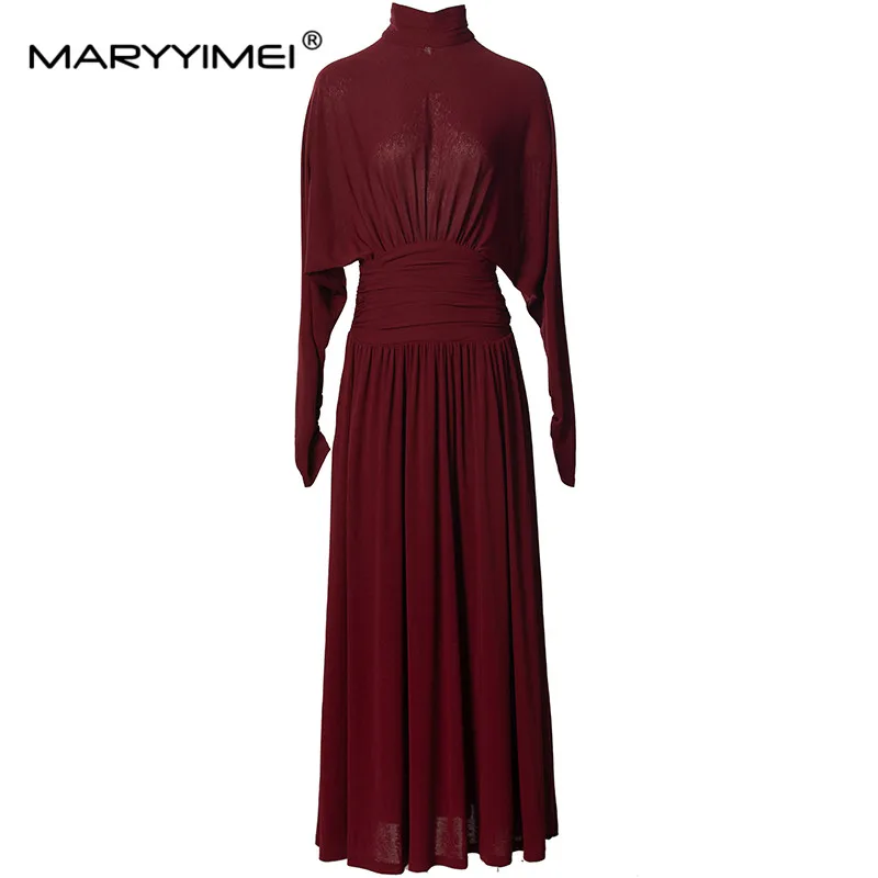 MARYYIMEI Autumn Winter Women\'s Dress Turtleneck Long Sleeved Design High Waiste Vintage Solid Color Dress