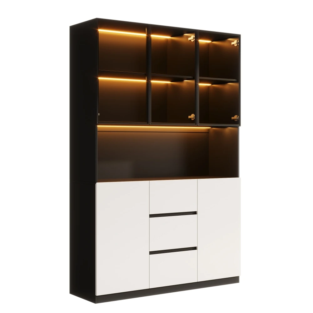 PINGGO LED glazen vitrinekast 120×40×200 cm gehard glas opbergvitrine met laden deuren voor woonkamer eetkamer