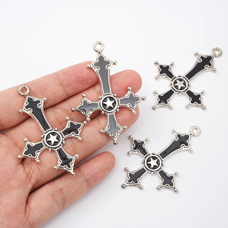 5Pcs Gothic Silver Edge Black Imitation Enamel Star Cross Alloy Pendant for DIY Necklaces, Bracelets, Jewelry Making Supplies