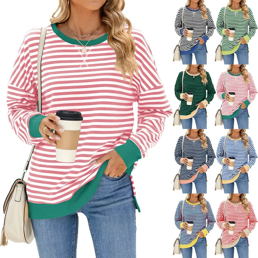 

Europe and the United States 2024 autumn and winter new color contrast round neck open long sleeve loose striped hoodie woman