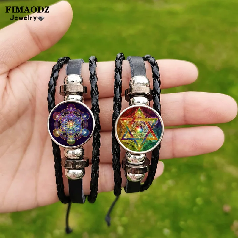 Metatron Cube Bracelet for Men Women Sri Yantra Poster Charm Handwoven Leather Bracelets Bangle Geometry Spiritual Jewelry