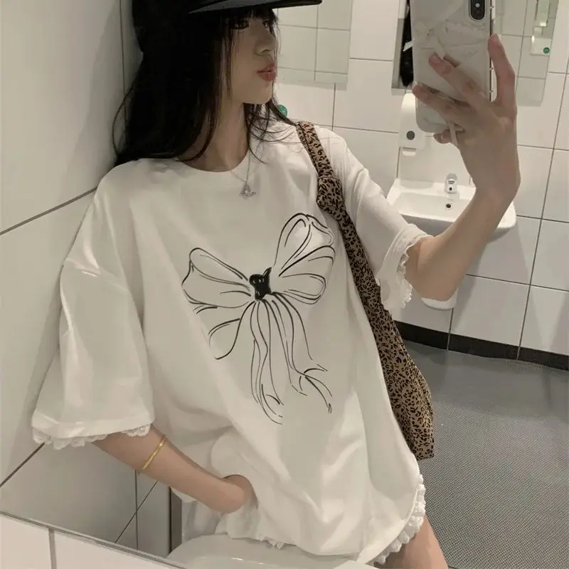 Bow lace edge white loose and versatile short-sleeved T-shirt niche simple top for women white T tops