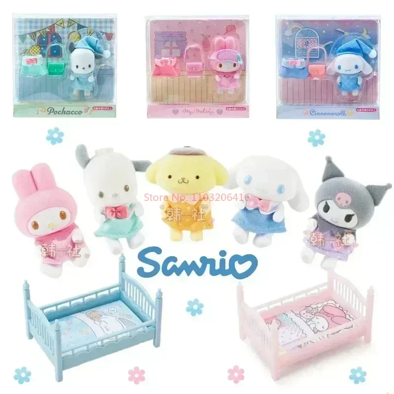 

Sanrio Figure My Melody Kuromi Cinnamoroll Pochacco Action Figures Sleeping Suit Set Series Flocking Doll Collect Toy Funny Toys