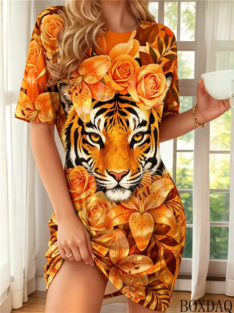 Summer Dress For Women At Home Tiger Leopard Pattern 3D Printed Round Neck Short Sleeved Loose Casual Dresses
