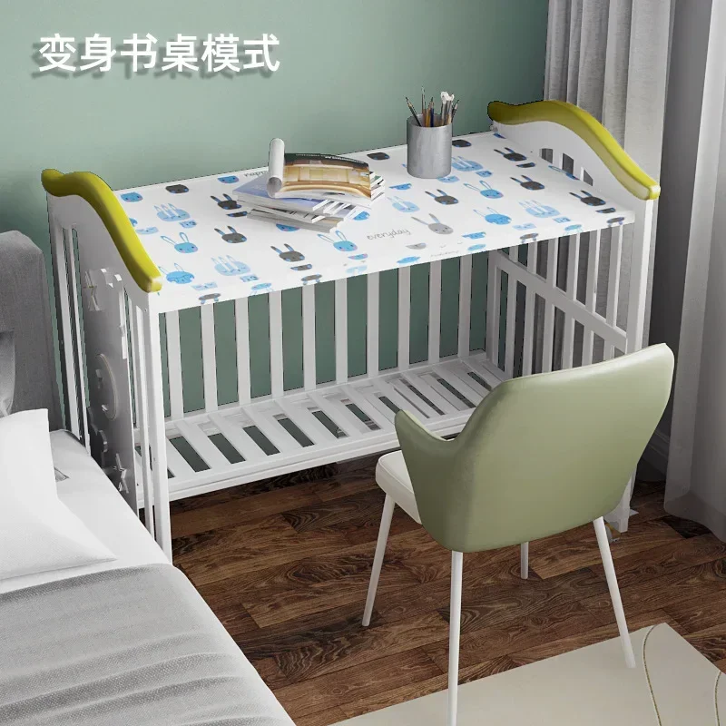 Baby Crib Solid Wood European Style White Multifunctional Baby Bb Movable Newborn Baby Cradle Bed Splicing Large Bed