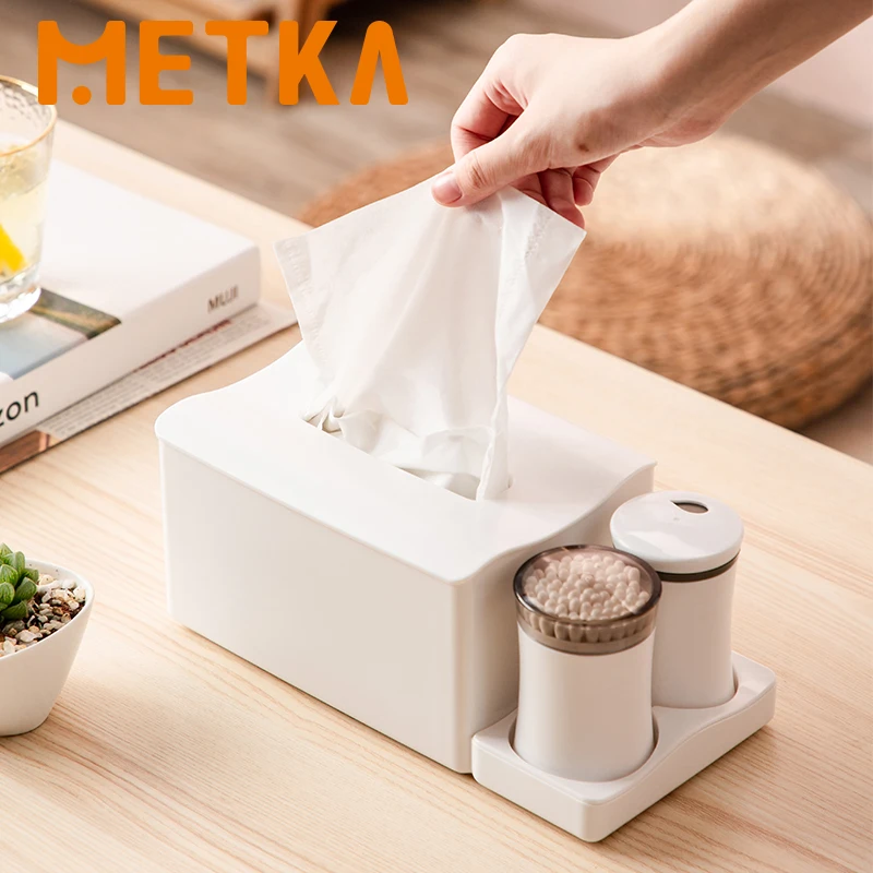 

METKA Tissue Box Set Toothpick Box Cotton Swab Box Desktop Paper Holder Kitchen Storage Box Office Cotton Swabs with Toothpicks